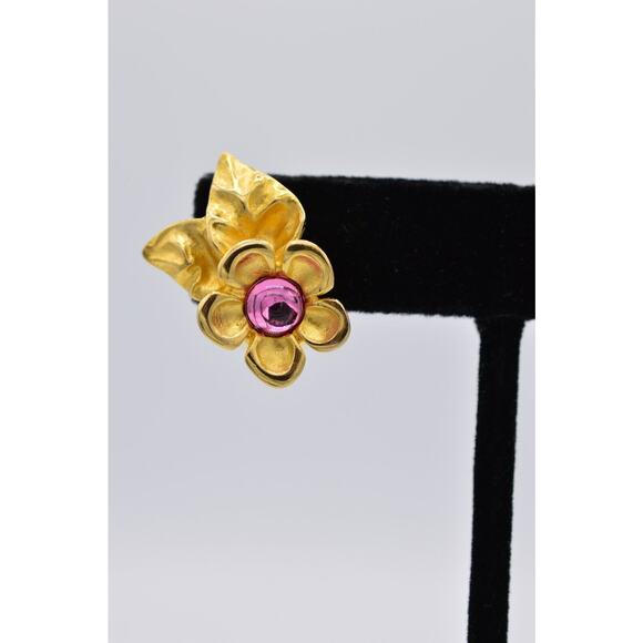 Givenchy Vintage Cabochon Flower Clip On Earrings Pink Brushed Gold Signed BinX - Picture 6 of 12